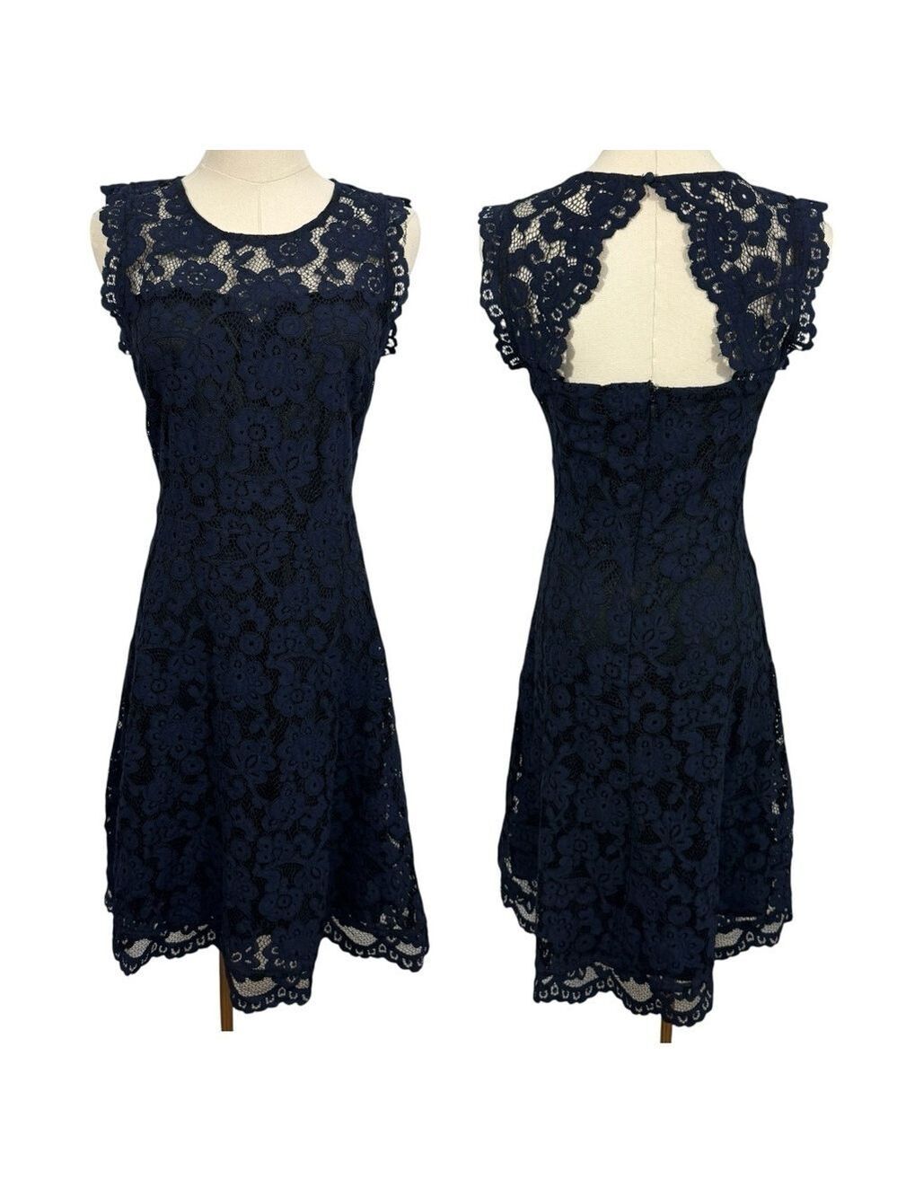 Reitmans Sweetheart Fit & Flare Dress Sz 4 Navy Blue Lace Overlay Open Back VGUC - Picture 1 of 14